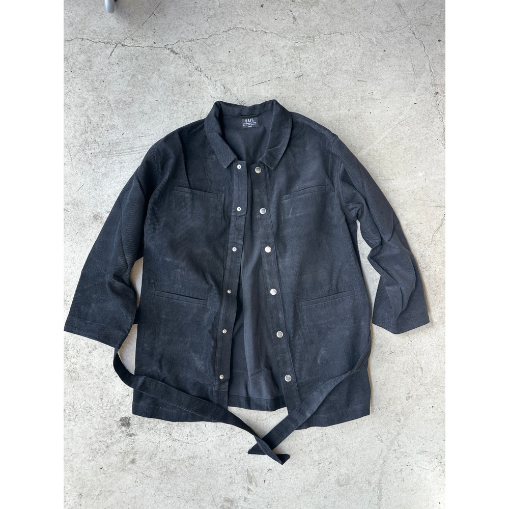 BAIT Mens Black Corduroy Chore Jacket Belted Snap Front Utility Coat Large